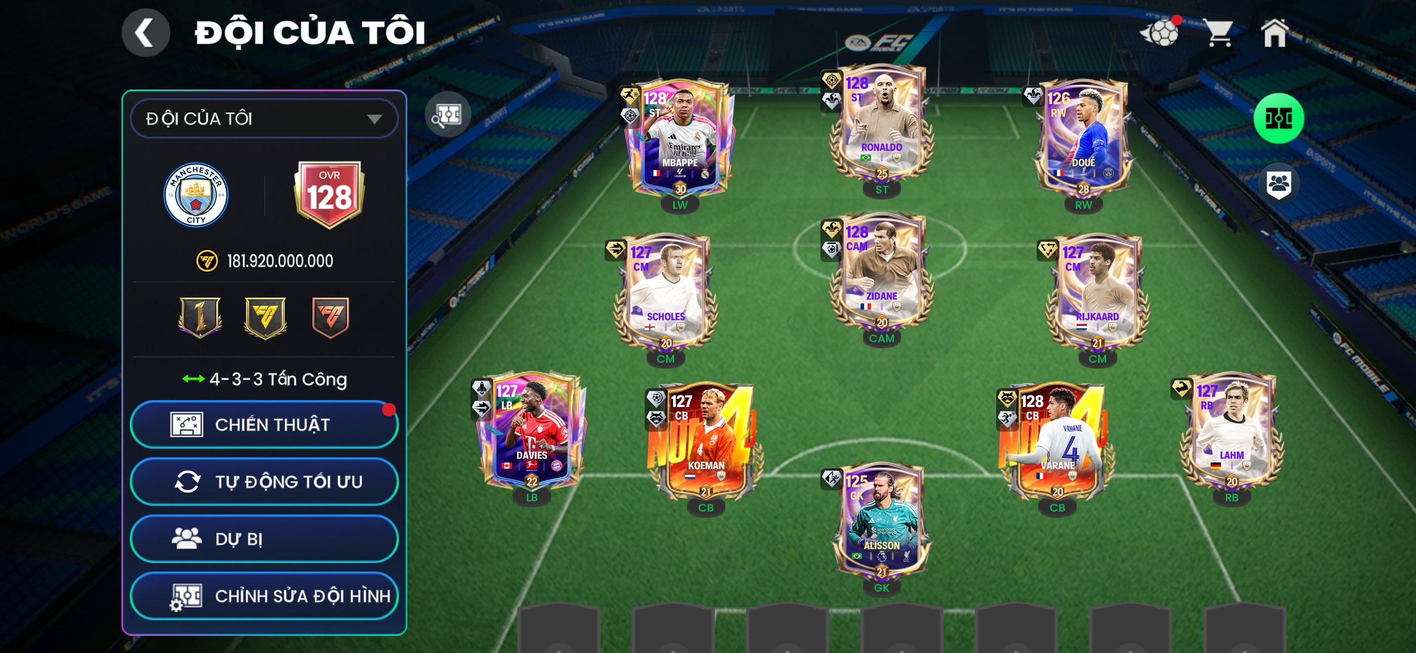 Acc Grn ttt Ovr 128 M3p+Ronaldo+Zidane+Varane+9k mảnh+2 sổ đội hình siêu đẹp