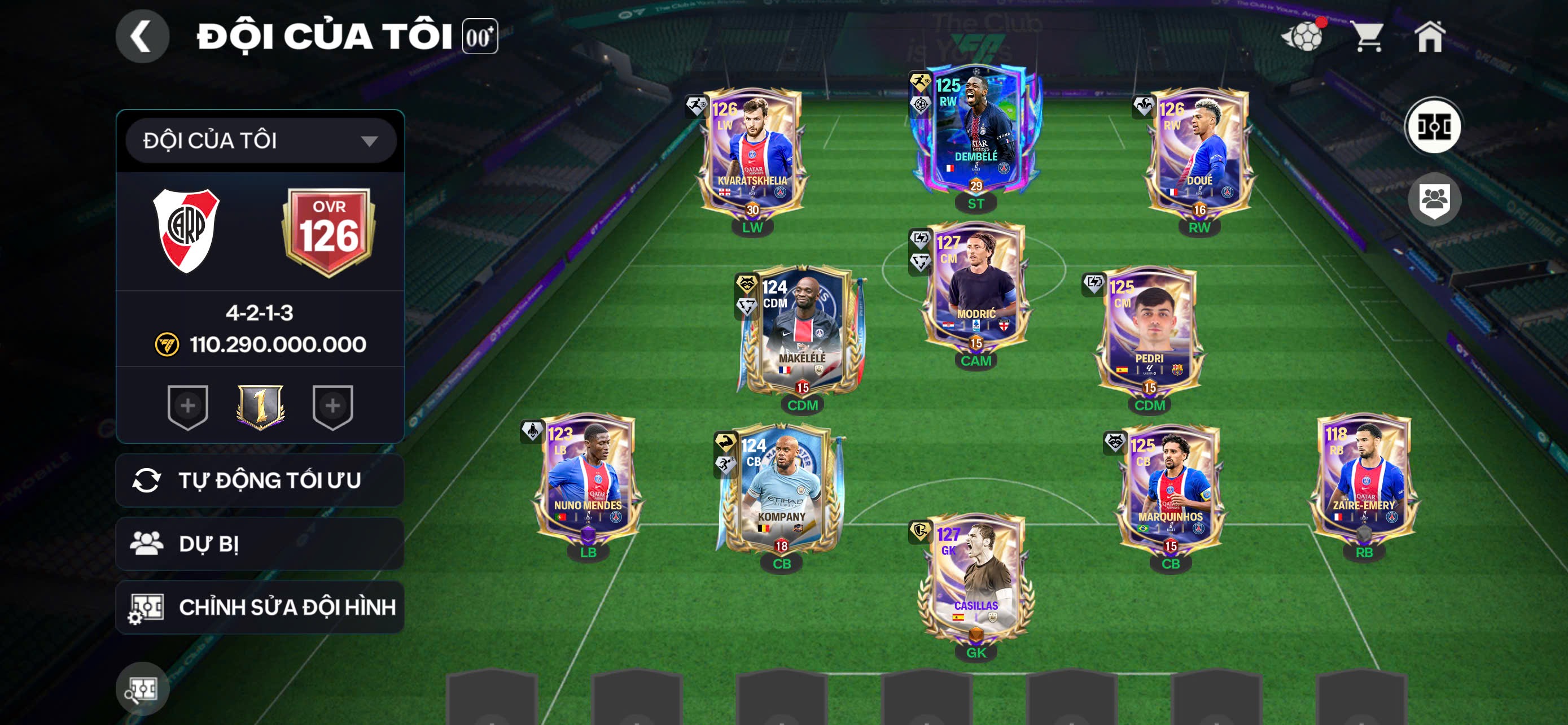 Acc Grn ttt Ovr 126 Modric 127+Casilas127+Dembel+Kavarat +4k4 mảnh 3 rank chưa đá