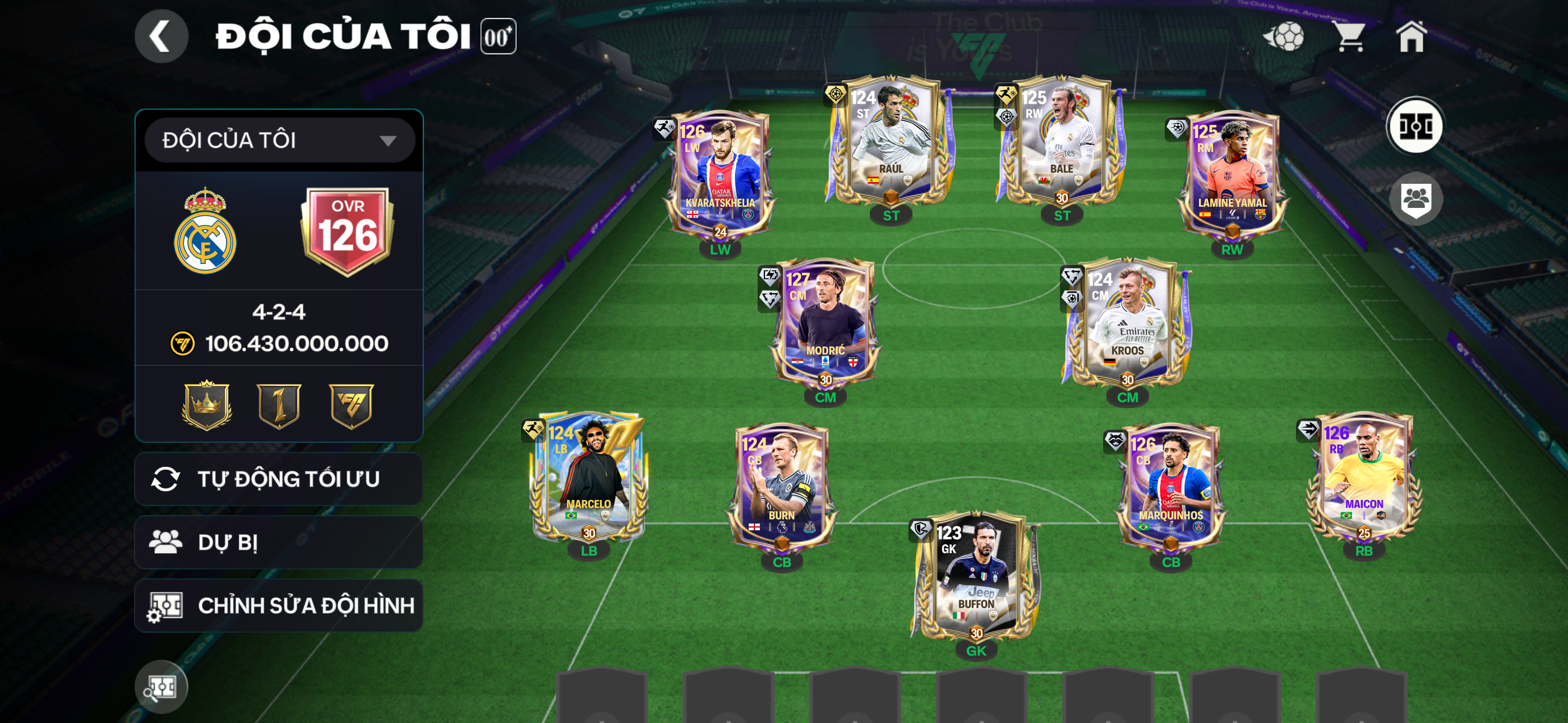 Acc Grn ttt Ovr 126 dư gần 40k mảnh sẵn modric 127+Kvarat+Yamal, Đội hình đẹp đá ngon , đã mở sổ + sổ vé ,3 rank chưa đá